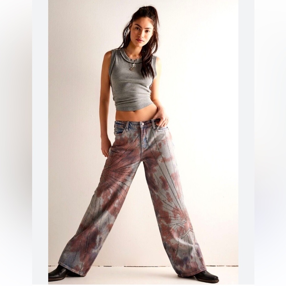 Free People We The Free Aurora Mid Rise Jeweled Jean Tie Dye Starlet 31